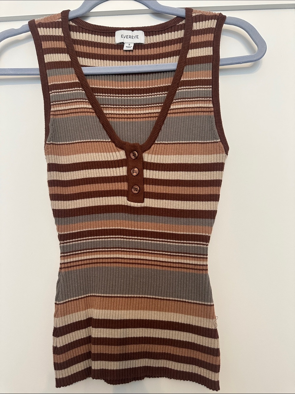 Evereve Brown Multi Striped Ribbed Tank with Button Front